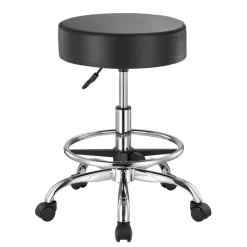 VEVOR Rolling Stool with Foot Rest and Wheels, 450 LBS Weight Capacity Round Rolling Stool Chair, Height Adjustable Thickened PU Leather Swivel Stool for Salon, Spa, Massage, Tattoo, Clinic, Black