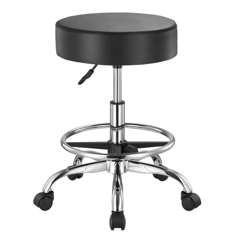 VEVOR Rolling Stool with Foot Rest and Wheels, 450 LBS Weight Capacity Round Rolling Stool Chair, Height Adjustable Thickened PU Leather Swivel Stool for Salon, Spa, Massage, Tattoo, Clinic, Black