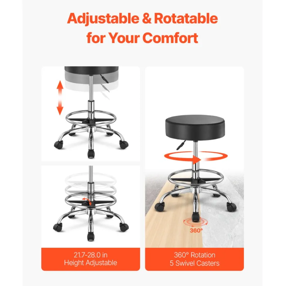 VEVOR Rolling Stool with Foot Rest and Wheels, 450 LBS Weight Capacity Round Rolling Stool Chair, Height Adjustable Thickened PU Leather Swivel Stool for Salon, Spa, Massage, Tattoo, Clinic, Black