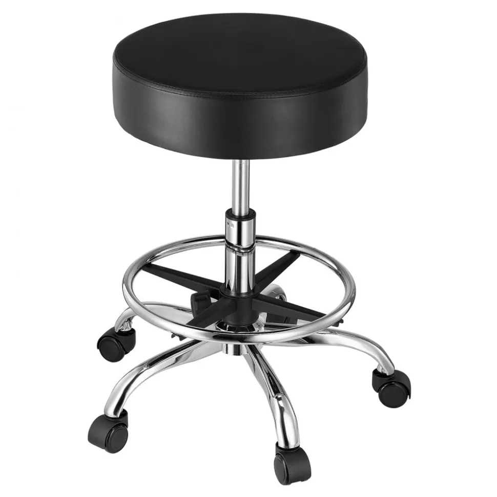 VEVOR Rolling Stool with Foot Rest and Wheels, 450 LBS Weight Capacity Round Rolling Stool Chair, Height Adjustable Thickened PU Leather Swivel Stool for Salon, Spa, Massage, Tattoo, Clinic, Black