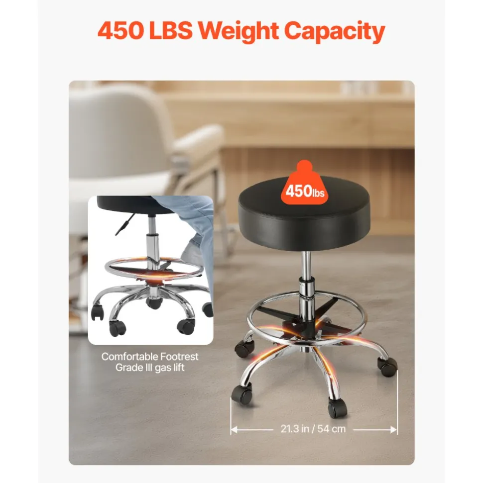 VEVOR Rolling Stool with Foot Rest and Wheels, 450 LBS Weight Capacity Round Rolling Stool Chair, Height Adjustable Thickened PU Leather Swivel Stool for Salon, Spa, Massage, Tattoo, Clinic, Black