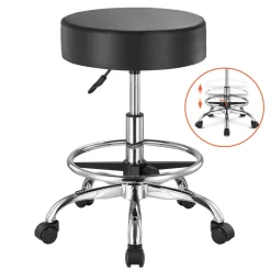 VEVOR Rolling Stool with Foot Rest and Wheels, 450 LBS Weight Capacity Round Rolling Stool Chair, Height Adjustable Thickened PU Leather Swivel Stool for Salon, Spa, Massage, Tattoo, Clinic, Black