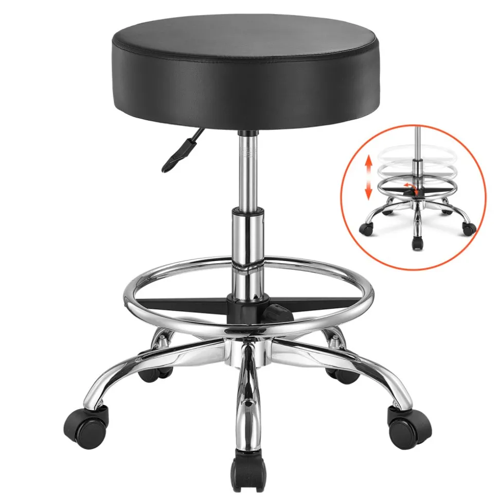 VEVOR Rolling Stool with Foot Rest and Wheels, 450 LBS Weight Capacity Round Rolling Stool Chair, Height Adjustable Thickened PU Leather Swivel Stool for Salon, Spa, Massage, Tattoo, Clinic, Black