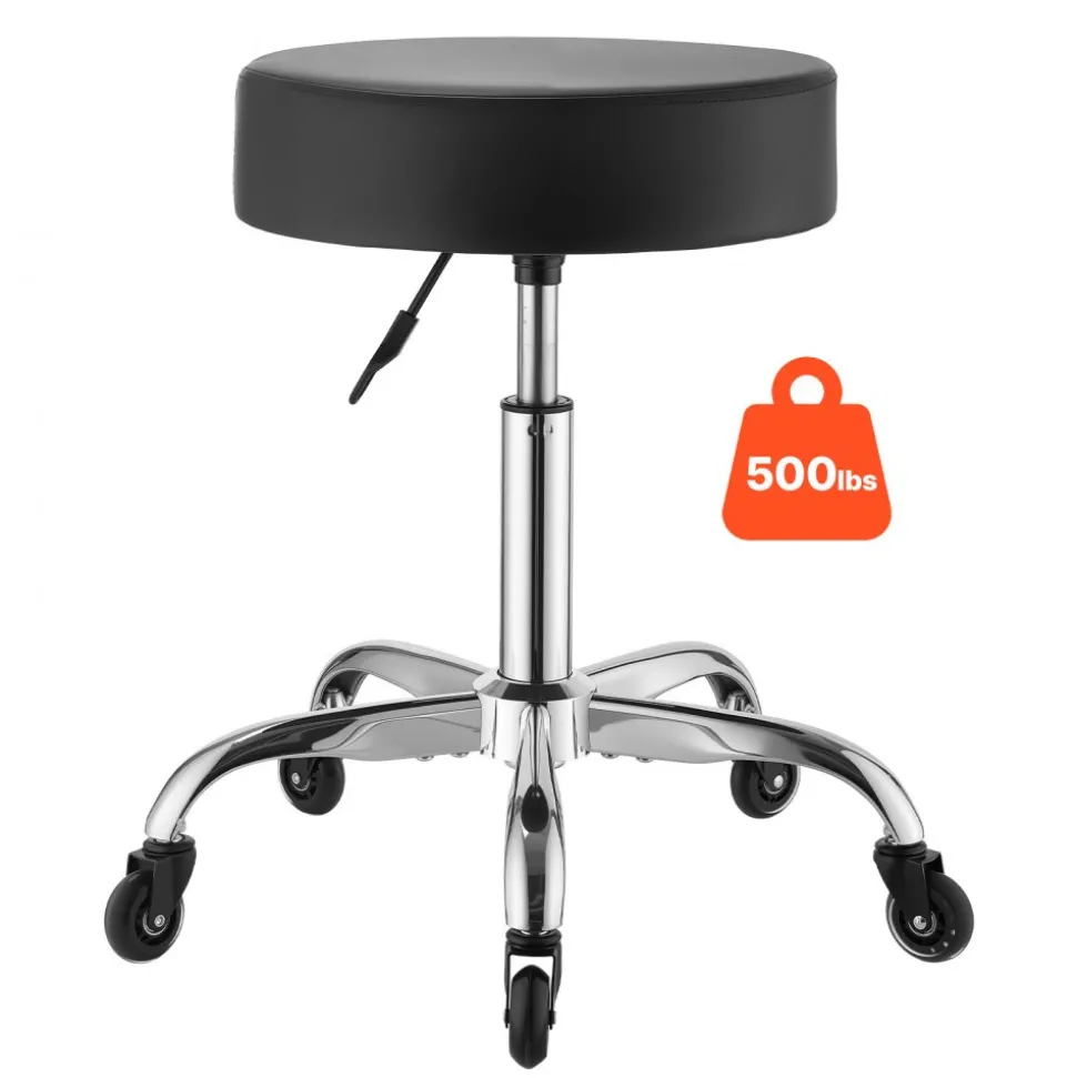 VEVOR Rolling Stool with Wheels, 500 lbs Weight Capacity, Height Adjustable, Quiet Casters, Thick Cushion Ergonomic PU Leather Seat, 360° Swivel Round Rolling Stool Chair for Salon, Clinic, Black