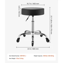 VEVOR Rolling Stool with Wheels, 500 lbs Weight Capacity, Height Adjustable, Quiet Casters, Thick Cushion Ergonomic PU Leather Seat, 360° Swivel Round Rolling Stool Chair for Salon, Clinic, Black