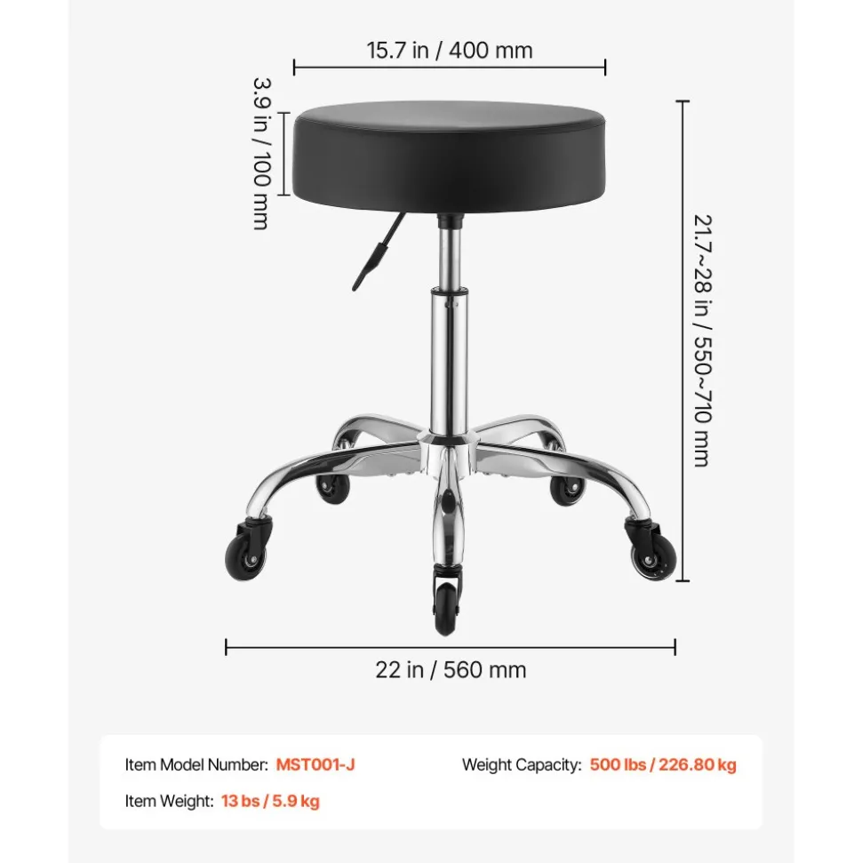 VEVOR Rolling Stool with Wheels, 500 lbs Weight Capacity, Height Adjustable, Quiet Casters, Thick Cushion Ergonomic PU Leather Seat, 360° Swivel Round Rolling Stool Chair for Salon, Clinic, Black