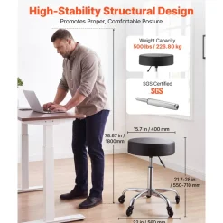 VEVOR Rolling Stool with Wheels, 500 lbs Weight Capacity, Height Adjustable, Quiet Casters, Thick Cushion Ergonomic PU Leather Seat, 360° Swivel Round Rolling Stool Chair for Salon, Clinic, Black