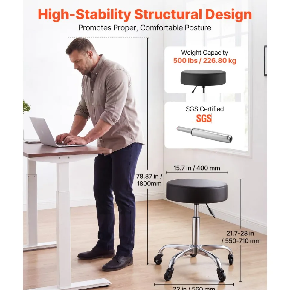 VEVOR Rolling Stool with Wheels, 500 lbs Weight Capacity, Height Adjustable, Quiet Casters, Thick Cushion Ergonomic PU Leather Seat, 360° Swivel Round Rolling Stool Chair for Salon, Clinic, Black