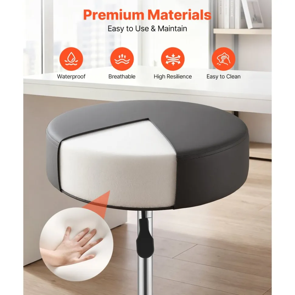 VEVOR Rolling Stool with Wheels, 500 lbs Weight Capacity, Height Adjustable, Quiet Casters, Thick Cushion Ergonomic PU Leather Seat, 360° Swivel Round Rolling Stool Chair for Salon, Clinic, Black