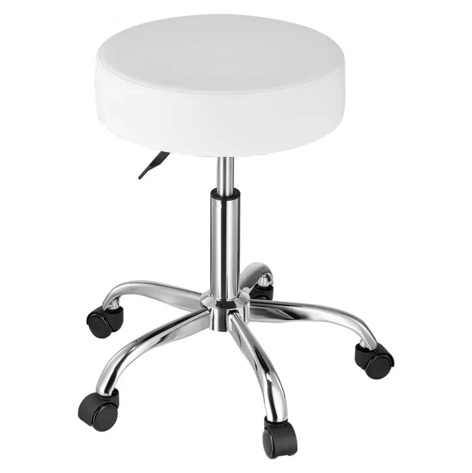 VEVOR Rolling Stool with Wheels, 450 LBS Weight Capacity Round Rolling Stool Chair, Height Adjustable Thickened PU Leather Swivel Stool for Salon, Spa, Massage, Tattoo, Clinic, White