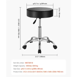 VEVOR Rolling Stool with Wheels, 450 LBS Weight Capacity Round Rolling Stool Chair, Height Adjustable Thickened PU Leather Swivel Stool for Salon, Spa, Massage, Tattoo, Clinic, Black