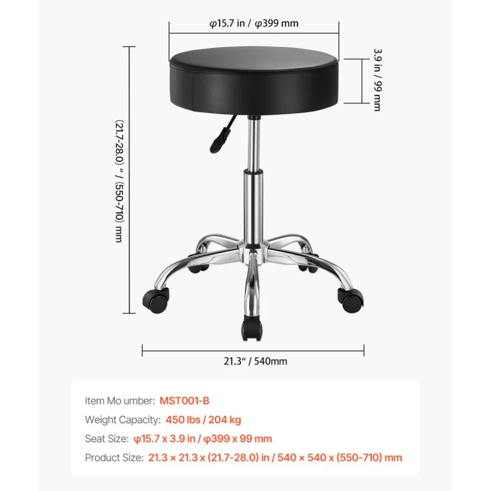 VEVOR Rolling Stool with Wheels, 450 LBS Weight Capacity Round Rolling Stool Chair, Height Adjustable Thickened PU Leather Swivel Stool for Salon, Spa, Massage, Tattoo, Clinic, Black