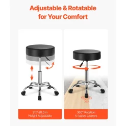 VEVOR Rolling Stool with Wheels, 450 LBS Weight Capacity Round Rolling Stool Chair, Height Adjustable Thickened PU Leather Swivel Stool for Salon, Spa, Massage, Tattoo, Clinic, Black