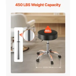 VEVOR Rolling Stool with Wheels, 450 LBS Weight Capacity Round Rolling Stool Chair, Height Adjustable Thickened PU Leather Swivel Stool for Salon, Spa, Massage, Tattoo, Clinic, Black