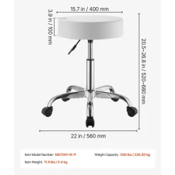 VEVOR Rolling Stool with Wheels, 500 lbs Weight Capacity, Height Adjustable, Thick Cushion Ergonomic PU Leather Seat, 360° Swivel Round Rolling Stool Chair for Salon, Spa, Clinic, Medical, White