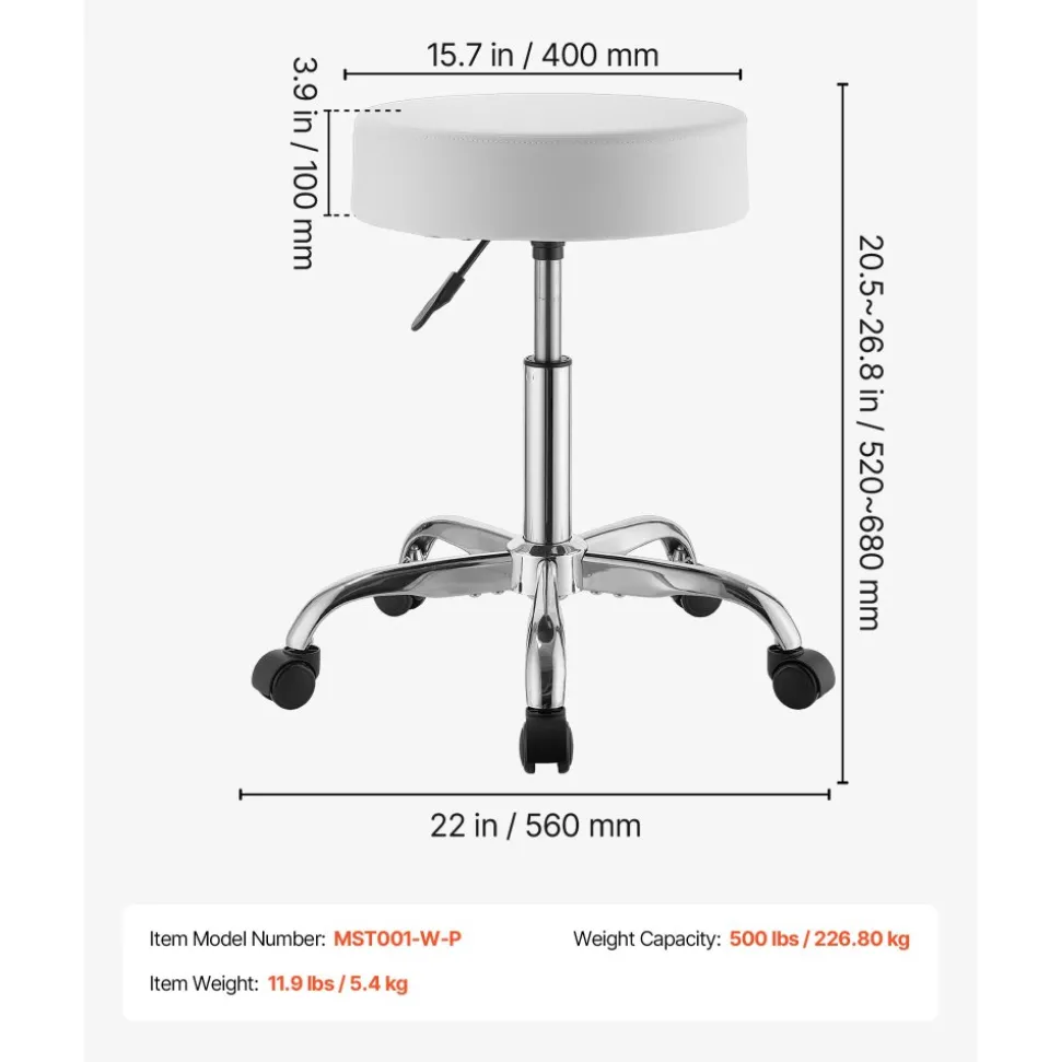 VEVOR Rolling Stool with Wheels, 500 lbs Weight Capacity, Height Adjustable, Thick Cushion Ergonomic PU Leather Seat, 360° Swivel Round Rolling Stool Chair for Salon, Spa, Clinic, Medical, White