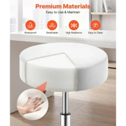 VEVOR Rolling Stool with Wheels, 500 lbs Weight Capacity, Height Adjustable, Thick Cushion Ergonomic PU Leather Seat, 360° Swivel Round Rolling Stool Chair for Salon, Spa, Clinic, Medical, White