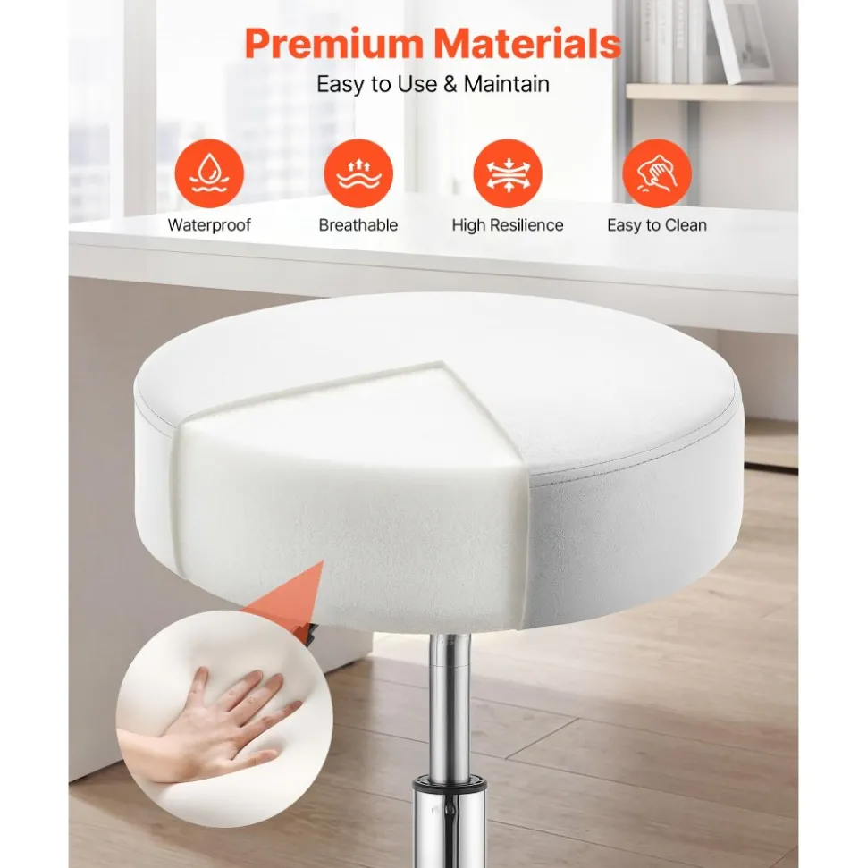 VEVOR Rolling Stool with Wheels, 500 lbs Weight Capacity, Height Adjustable, Thick Cushion Ergonomic PU Leather Seat, 360° Swivel Round Rolling Stool Chair for Salon, Spa, Clinic, Medical, White