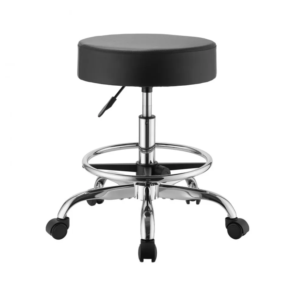 VEVOR Rolling Stool with Wheels Footrest, 500 lbs Weight Capacity, Height Adjustable, Thick Cushion Ergonomic PU Leather Seat, 360° Swivel Round Rolling Stool Chair for Salon, Clinic, Medical, Black