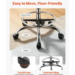 VEVOR Rolling Stool with Wheels Footrest, 500 lbs Weight Capacity, Height Adjustable, Thick Cushion Ergonomic PU Leather Seat, 360° Swivel Round Rolling Stool Chair for Salon, Clinic, Medical, Black
