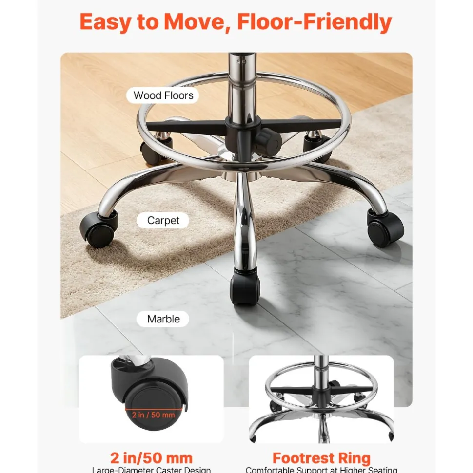 VEVOR Rolling Stool with Wheels Footrest, 500 lbs Weight Capacity, Height Adjustable, Thick Cushion Ergonomic PU Leather Seat, 360° Swivel Round Rolling Stool Chair for Salon, Clinic, Medical, Black