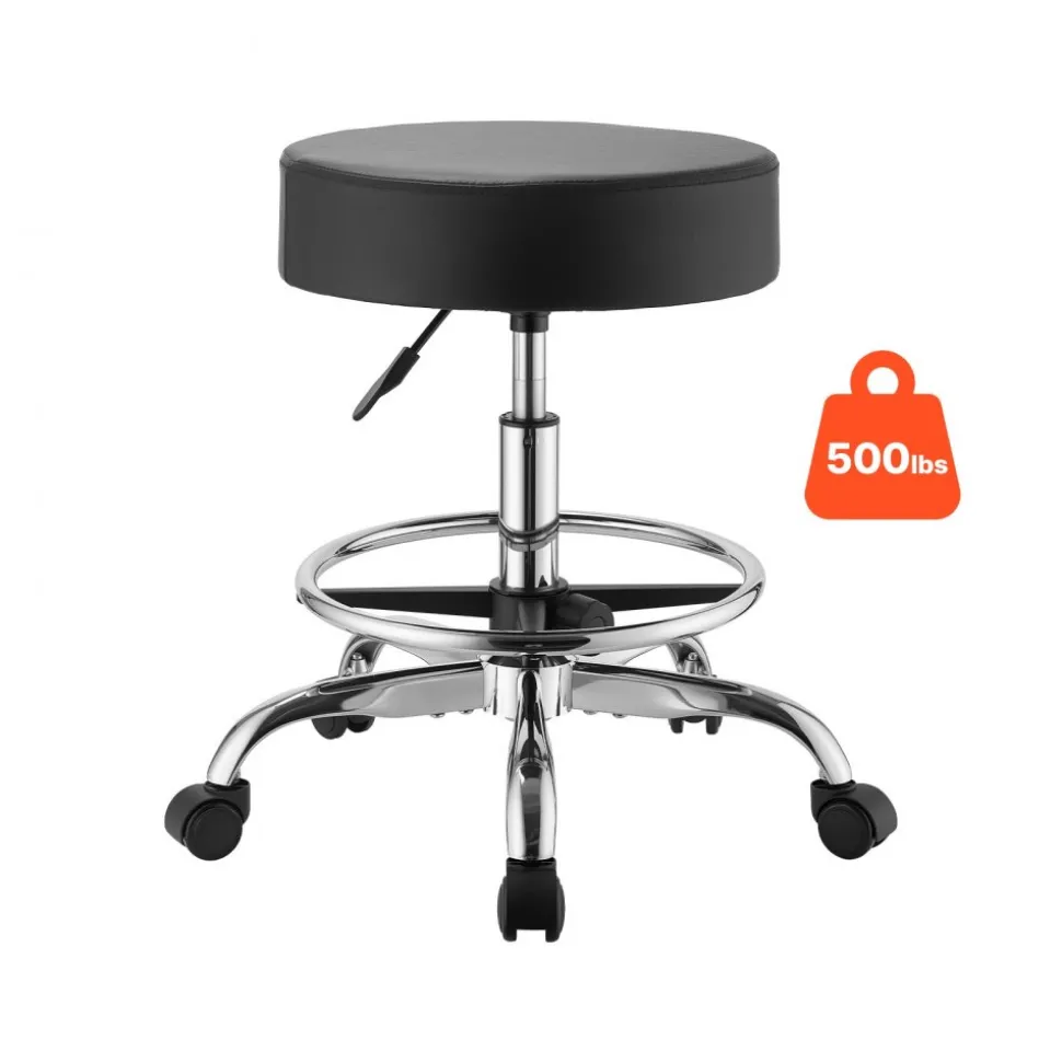 VEVOR Rolling Stool with Wheels Footrest, 500 lbs Weight Capacity, Height Adjustable, Thick Cushion Ergonomic PU Leather Seat, 360° Swivel Round Rolling Stool Chair for Salon, Clinic, Medical, Black