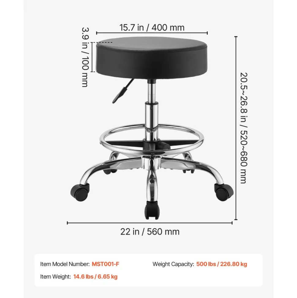 VEVOR Rolling Stool with Wheels Footrest, 500 lbs Weight Capacity, Height Adjustable, Thick Cushion Ergonomic PU Leather Seat, 360° Swivel Round Rolling Stool Chair for Salon, Clinic, Medical, Black