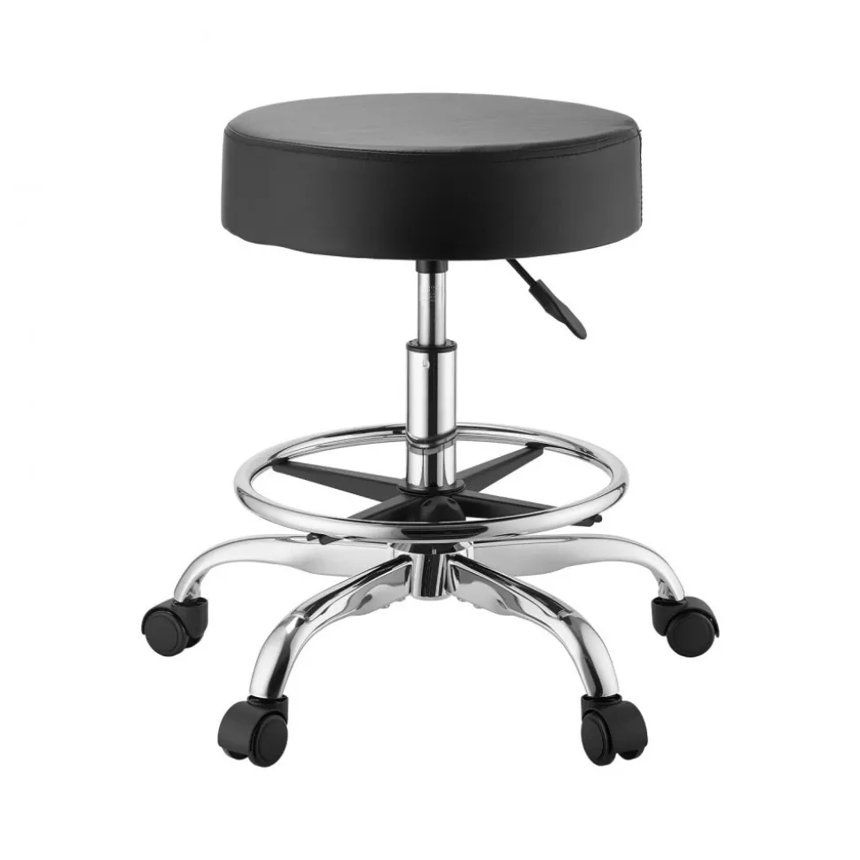 VEVOR Rolling Stool with Wheels Footrest, 500 lbs Weight Capacity, Height Adjustable, Thick Cushion Ergonomic PU Leather Seat, 360° Swivel Round Rolling Stool Chair for Salon, Clinic, Medical, Black