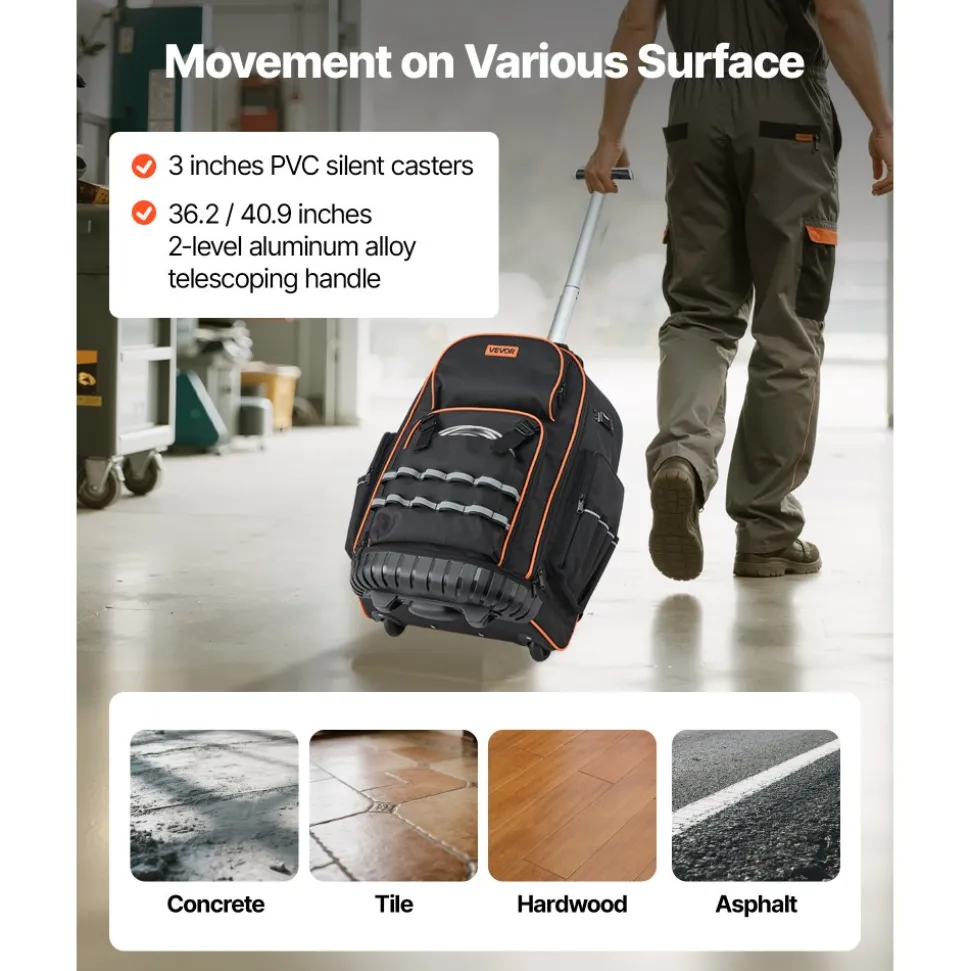 VEVOR Rolling Tool Backpack, 110 lbs Load Capacity, 72 Pockets Heavy Duty Roller Tool Bag on Wheels, Adjustable Telescoping Handle & Stable Base, Toolbag Organizers for Construction, Mechanic