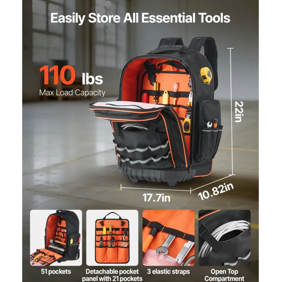 VEVOR Rolling Tool Backpack, 110 lbs Load Capacity, 72 Pockets Heavy Duty Roller Tool Bag on Wheels, Adjustable Telescoping Handle & Stable Base, Toolbag Organizers for Construction, Mechanic