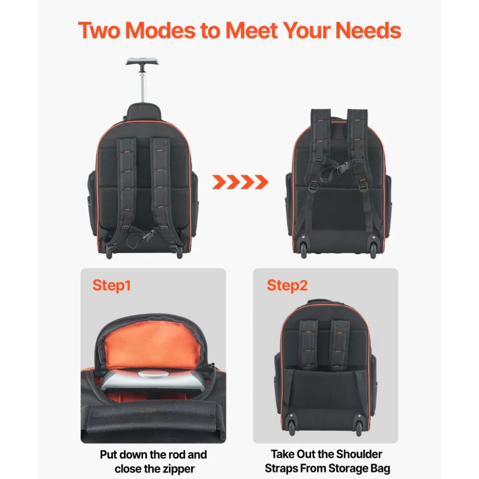 VEVOR Rolling Tool Backpack, 110 lbs Load Capacity, 72 Pockets Heavy Duty Roller Tool Bag on Wheels, Adjustable Telescoping Handle & Stable Base, Toolbag Organizers for Construction, Mechanic