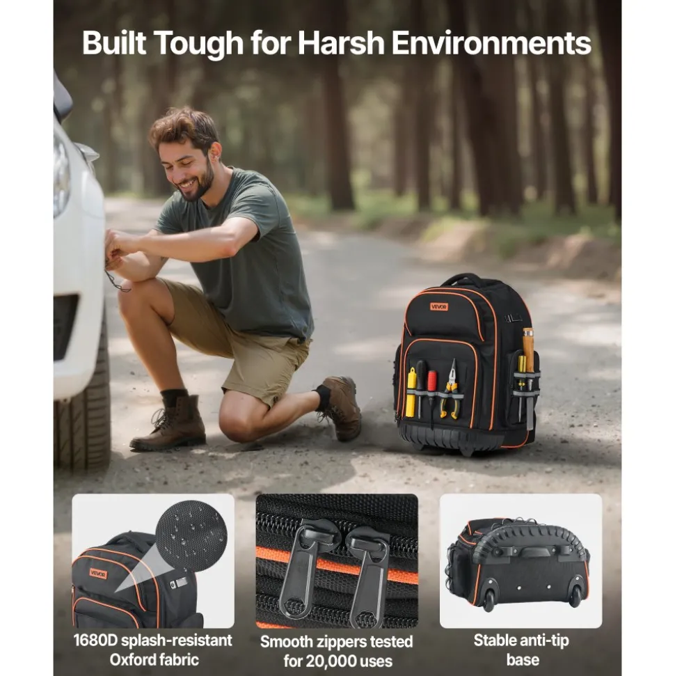 VEVOR Rolling Tool Backpack, 110 lbs Load Capacity, 45 Pockets Heavy Duty Roller Tool Bag on Wheels, Adjustable Telescoping Handle & Stable Base, Toolbag Organizers for Construction, Mechanic