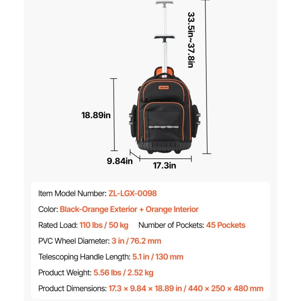 VEVOR Rolling Tool Backpack, 110 lbs Load Capacity, 45 Pockets Heavy Duty Roller Tool Bag on Wheels, Adjustable Telescoping Handle & Stable Base, Toolbag Organizers for Construction, Mechanic
