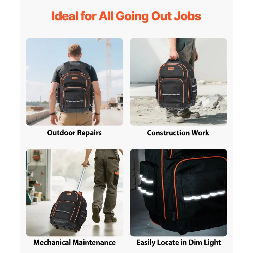 VEVOR Rolling Tool Backpack, 110 lbs Load Capacity, 45 Pockets Heavy Duty Roller Tool Bag on Wheels, Adjustable Telescoping Handle & Stable Base, Toolbag Organizers for Construction, Mechanic