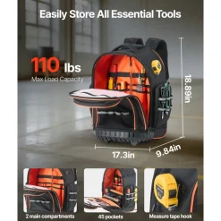 VEVOR Rolling Tool Backpack, 110 lbs Load Capacity, 45 Pockets Heavy Duty Roller Tool Bag on Wheels, Adjustable Telescoping Handle & Stable Base, Toolbag Organizers for Construction, Mechanic