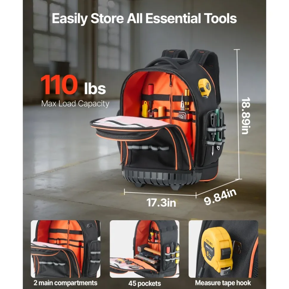 VEVOR Rolling Tool Backpack, 110 lbs Load Capacity, 45 Pockets Heavy Duty Roller Tool Bag on Wheels, Adjustable Telescoping Handle & Stable Base, Toolbag Organizers for Construction, Mechanic