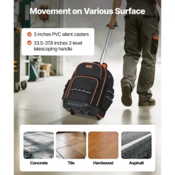 VEVOR Rolling Tool Backpack, 110 lbs Load Capacity, 45 Pockets Heavy Duty Roller Tool Bag on Wheels, Adjustable Telescoping Handle & Stable Base, Toolbag Organizers for Construction, Mechanic