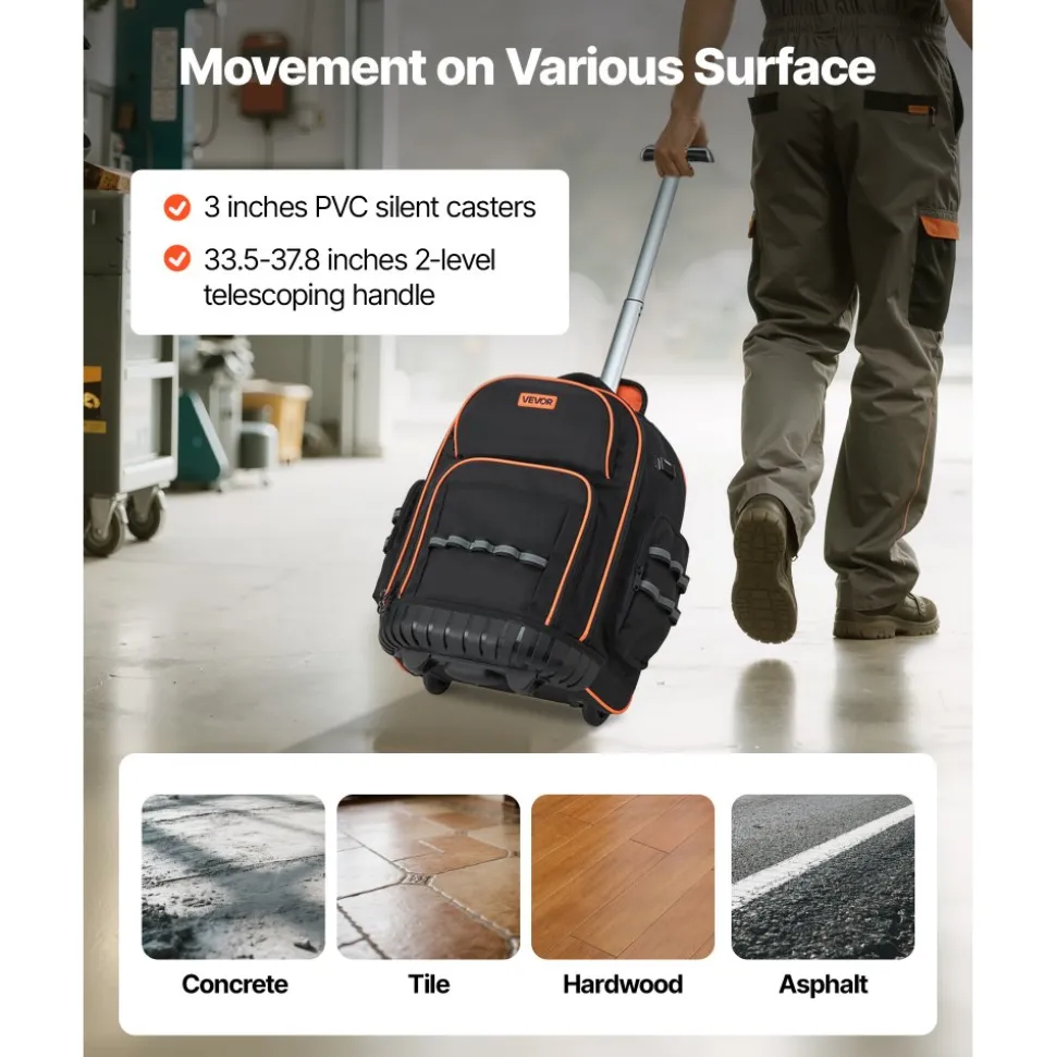 VEVOR Rolling Tool Backpack, 110 lbs Load Capacity, 45 Pockets Heavy Duty Roller Tool Bag on Wheels, Adjustable Telescoping Handle & Stable Base, Toolbag Organizers for Construction, Mechanic