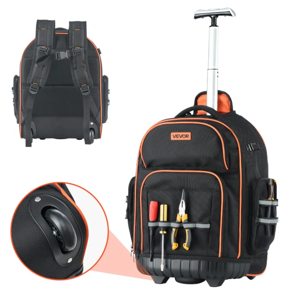 VEVOR Rolling Tool Backpack, 110 lbs Load Capacity, 45 Pockets Heavy Duty Roller Tool Bag on Wheels, Adjustable Telescoping Handle & Stable Base, Toolbag Organizers for Construction, Mechanic
