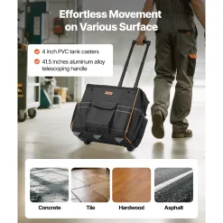 VEVOR Rolling Tool Bag, 110 lbs Load Capacity, 25 Pockets Heavy Duty Roller Tool Bag with Adjustable Telescoping Handle & Stable Base, Toolbag Organizers with Wheels for Electrician, Construction