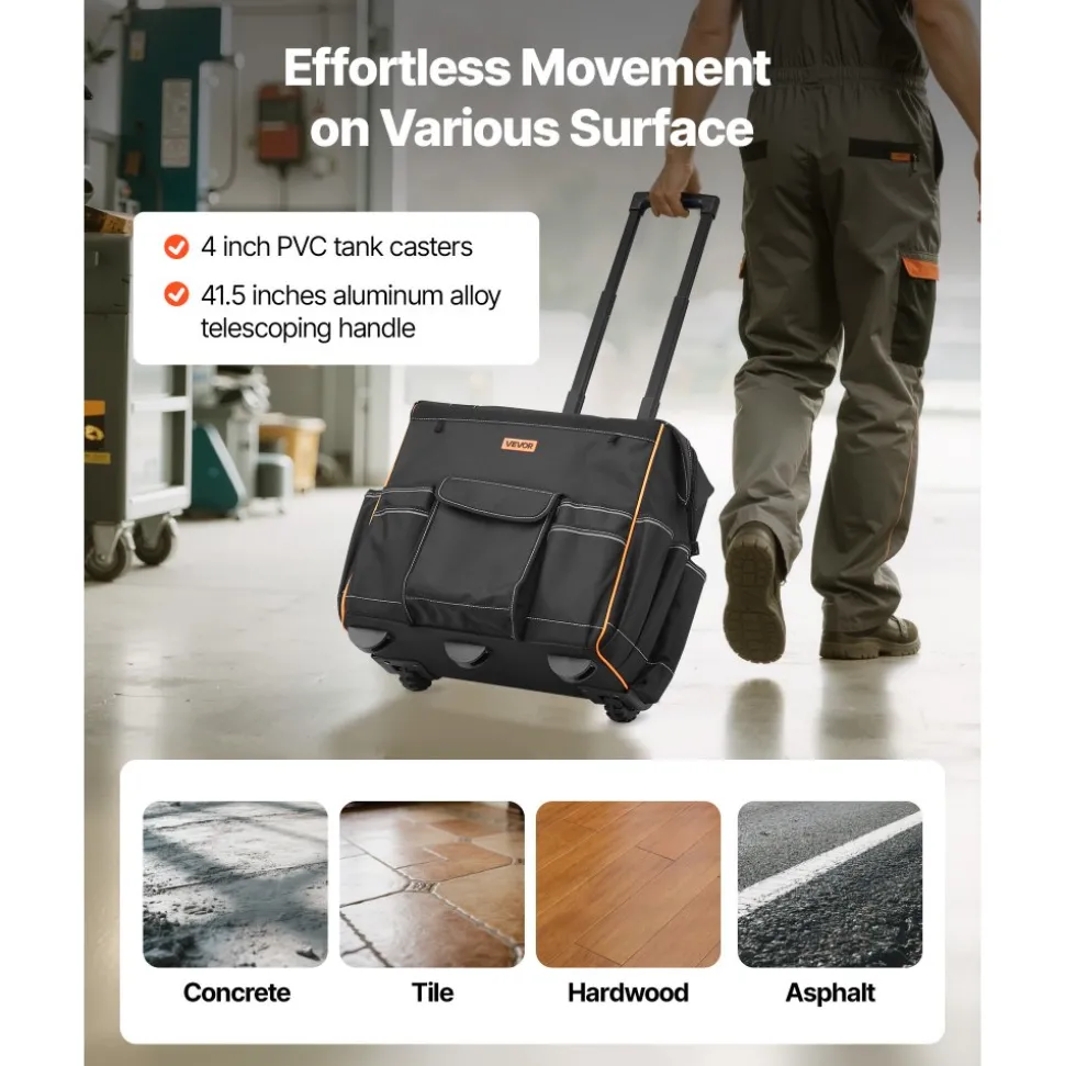 VEVOR Rolling Tool Bag, 110 lbs Load Capacity, 25 Pockets Heavy Duty Roller Tool Bag with Adjustable Telescoping Handle & Stable Base, Toolbag Organizers with Wheels for Electrician, Construction