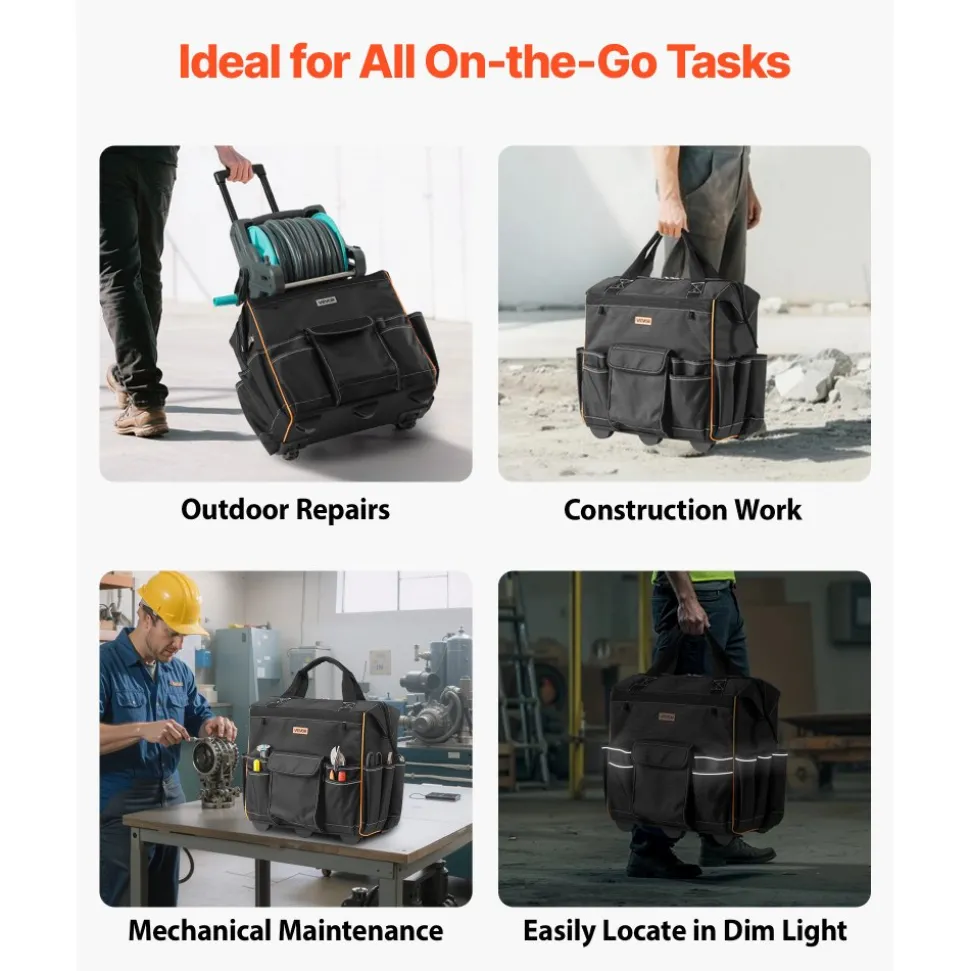 VEVOR Rolling Tool Bag, 110 lbs Load Capacity, 25 Pockets Heavy Duty Roller Tool Bag with Adjustable Telescoping Handle & Stable Base, Toolbag Organizers with Wheels for Electrician, Construction