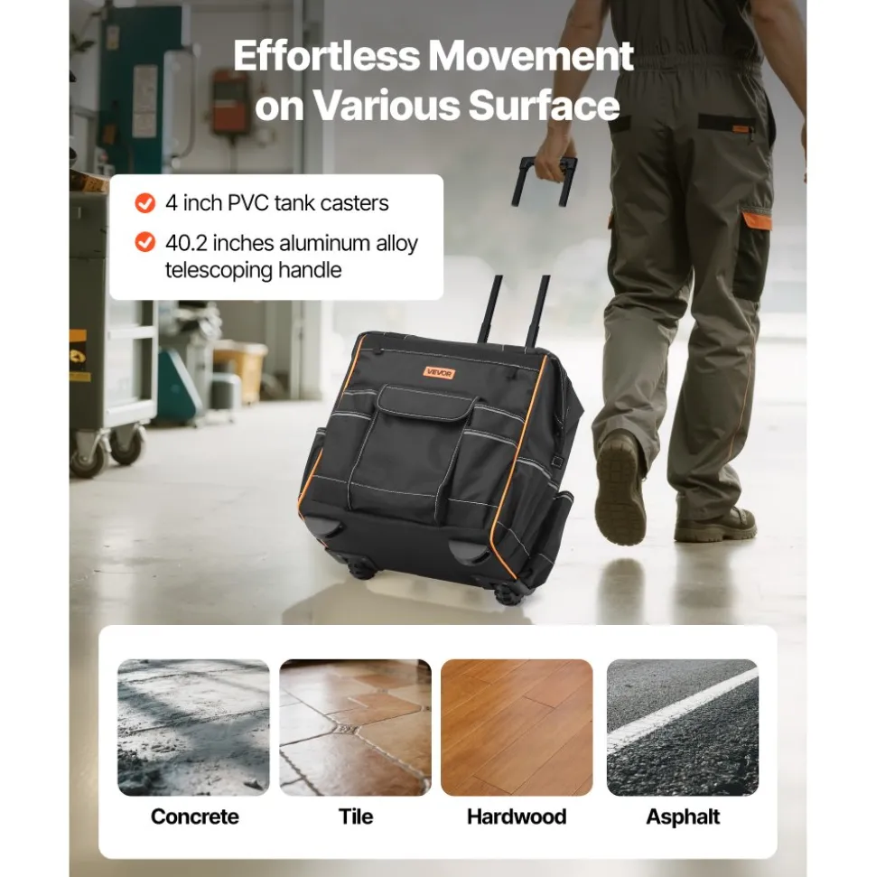 VEVOR Rolling Tool Bag, 110 lbs Load Capacity, 25 Pockets Heavy Duty Roller Tool Bag on Wheels, Adjustable Telescoping Handle & Stable Base, Toolbag Organizers with Wheels for Construction, Mechanic