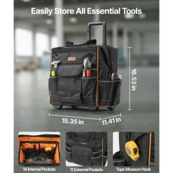 VEVOR Rolling Tool Bag, 110 lbs Load Capacity, 25 Pockets Heavy Duty Roller Tool Bag on Wheels, Adjustable Telescoping Handle & Stable Base, Toolbag Organizers with Wheels for Construction, Mechanic