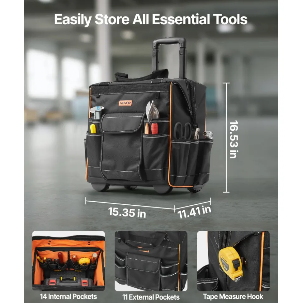 VEVOR Rolling Tool Bag, 110 lbs Load Capacity, 25 Pockets Heavy Duty Roller Tool Bag on Wheels, Adjustable Telescoping Handle & Stable Base, Toolbag Organizers with Wheels for Construction, Mechanic