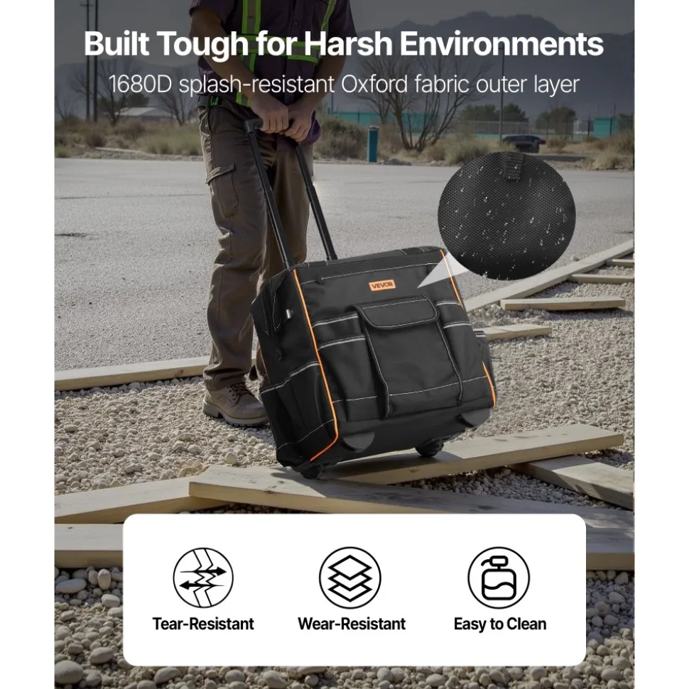 VEVOR Rolling Tool Bag, 110 lbs Load Capacity, 25 Pockets Heavy Duty Roller Tool Bag on Wheels, Adjustable Telescoping Handle & Stable Base, Toolbag Organizers with Wheels for Construction, Mechanic