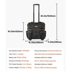 VEVOR Rolling Tool Bag, 110 lbs Load Capacity, 25 Pockets Heavy Duty Roller Tool Bag on Wheels, Adjustable Telescoping Handle & Stable Base, Toolbag Organizers with Wheels for Construction, Mechanic