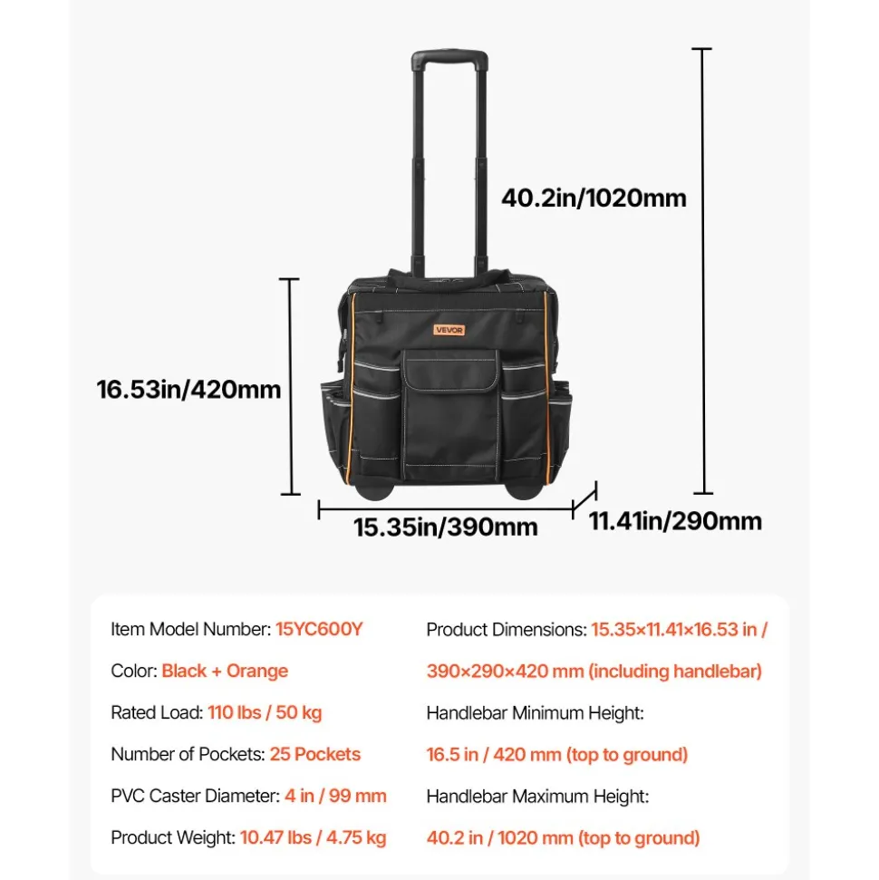 VEVOR Rolling Tool Bag, 110 lbs Load Capacity, 25 Pockets Heavy Duty Roller Tool Bag on Wheels, Adjustable Telescoping Handle & Stable Base, Toolbag Organizers with Wheels for Construction, Mechanic