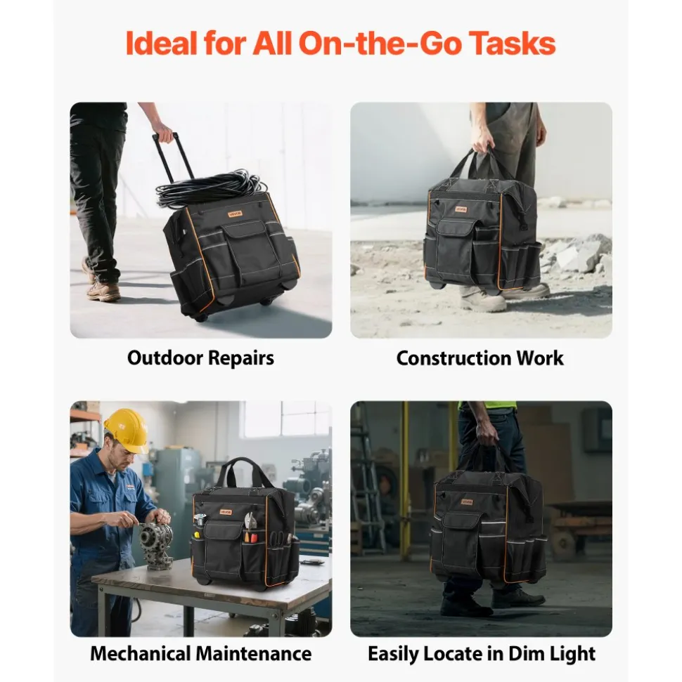 VEVOR Rolling Tool Bag, 110 lbs Load Capacity, 25 Pockets Heavy Duty Roller Tool Bag on Wheels, Adjustable Telescoping Handle & Stable Base, Toolbag Organizers with Wheels for Construction, Mechanic