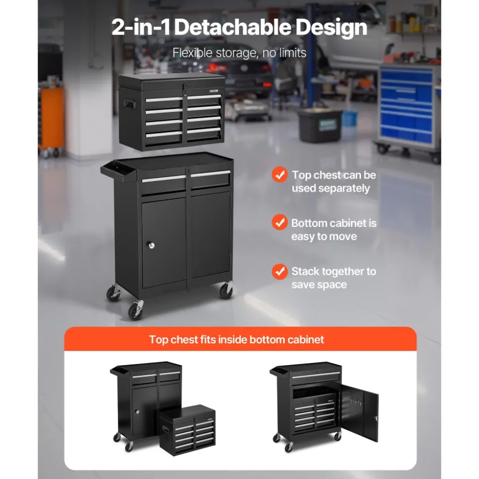 VEVOR Rolling Tool Chest, 2-in-1 Design, 5 Drawers Tool Cabinet Organizer with Detachable Top Metal Toolbox, Lock Bar, Protective Liner, and Tools Rack, Garage Storage Cabinet for Warehouse, Workshop